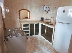 La cuisine est équipée d'un réfrigérateur blanc et d'un évier. dans l'établissement Recanto dos Herdy´s, à Nova Friburgo
