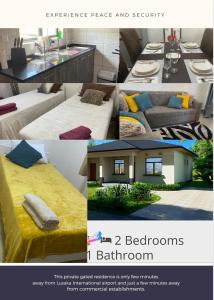 un collage de fotos de una habitación con una cama y una casa en Peaceful Hills Self Catering Holiday House, en Lusaka