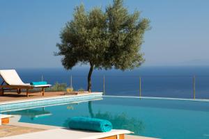 a swimming pool with a tree and a chair at Thea Thalatta Villas in Tsoukalades