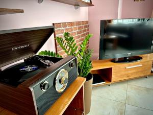 a living room with a tv and a radio at Arena Tarnovo Hotel -Free Large Private Parking in Veliko Tŭrnovo