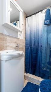 uma casa de banho com um WC e uma cortina de chuveiro azul em Exquisite em Brooklyn