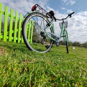 Una bicicleta estacionada en el césped junto a una valla en Les Aires en Scènes au bord de l'eau, en Épagne-Épagnette