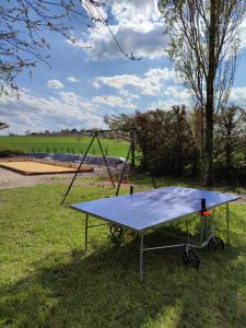 eine Tischtennisplatte im Gras mit Schaukel in der Unterkunft Domaine Jasmin, 6 Gîtes typiquement Charentais avec Piscines in Bellon