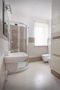 聖皮耶特羅因卡里亞諾的住宿－Villa Oleandri，一间带水槽、淋浴和卫生间的浴室