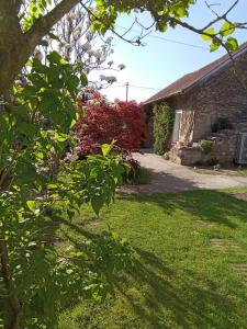 una casa con un patio con césped verde y arbustos rojos en L'instant... en Marolles-sous-Lignières