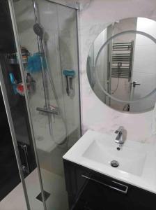 a bathroom with a shower and a sink and a mirror at Precioso piso en la playa de Madrid a 45 min del centro de la ciudad in Madrid
