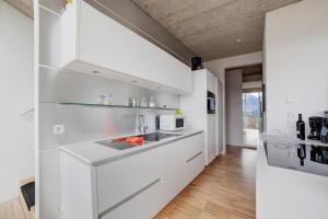 Una cocina con gabinetes blancos y un fregadero. en Villa Alvarium Eins, en Scena