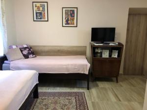 タタにあるLídia vendégházのベッド2台とテレビが備わる小さな客室です。