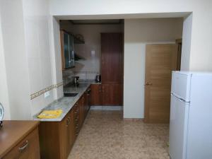 eine Küche mit Holzschränken und einem weißen Kühlschrank in der Unterkunft Piso centrico en Ribadeo in Ribadeo