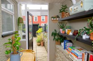 a room with bookshelves and plants and a window at Coney Cottage in Porthcawl