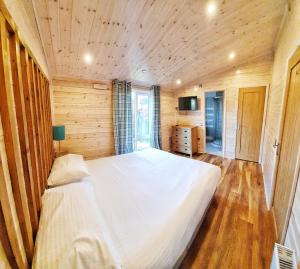 ein Schlafzimmer mit einem großen Bett in einem Holzzimmer in der Unterkunft MAC Skyline Lodges in Balloch