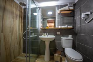 Un baño con inodoro, lavabo y ducha. en Bed and Breakfast Kotoni, en Gjirokastra