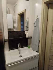 a bathroom with a sink and a mirror at U Huberta in Wrzosowo