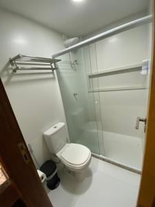uma casa de banho com um WC e uma cabina de duche em vidro. em Vilage Villa Andorinha - apt 09 em Mucugê