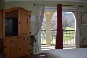 Schlafzimmer mit einem Bett, einem TV und einem Fenster in der Unterkunft Williams Island Room at Tennessee RiverPlace in Chattanooga