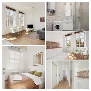 a collage of photos of a white apartment at VIU Postcards from Gdansk in Gdańsk