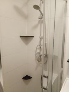 a shower with a glass door in a bathroom at U Huberta in Wrzosowo