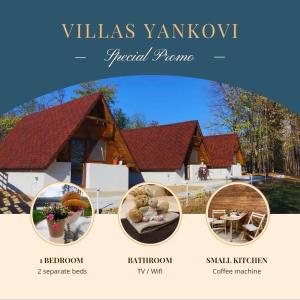 eine Collage mit Fotos eines Hauses mit einem Flyer in der Unterkunft Вили Янкови in Dobri Dyal