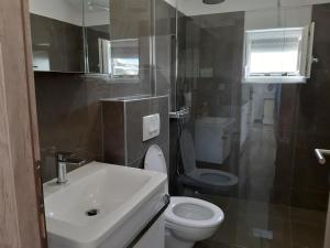 een badkamer met een witte wastafel en een toilet bij Apartments Tea and Tamara in Pirovac