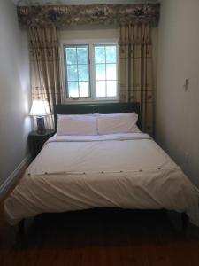 Tottenham的住宿－Conservation lands family suite 2 rooms，卧室内的一张大床,设有窗户
