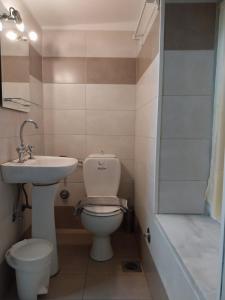 a bathroom with a toilet and a sink and a shower at HERMOUPOLI ROOMS in Ermoupoli