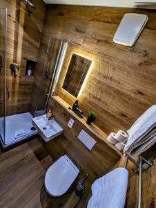 an overhead view of a bathroom with a toilet and a sink at Hotel am Rathaus in Kassel