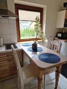 uma cozinha com uma mesa de madeira com um vaso de plantas em Linos Apartamentai em Druskininkai