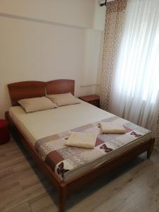 een bed met twee kussens in een slaapkamer bij DUNAVSKI KEJ in Novi Sad