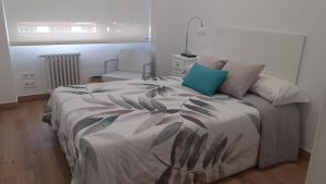 a bedroom with a large bed with a blue pillow at Apartamento Salamanca by Cloe in Salamanca