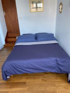 a bed with blue sheets in a room with a wooden floor at Le gîte de Charline in Selles-sur-Cher