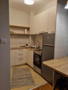 eine Küche mit weißen Schränken und Küchengeräten aus Edelstahl in der Unterkunft Apartman Centar in Kraljevo