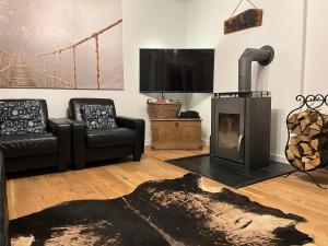 sala de estar con chimenea y TV en Rivendell I3, en Monschau