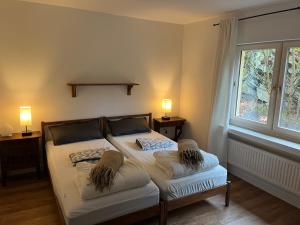 1 dormitorio con 2 camas y ventana en Rivendell I3, en Monschau