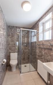 uma casa de banho com um chuveiro, um WC e um lavatório. em Castle Lodge em Killarney