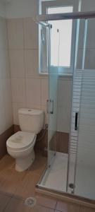 a bathroom with a toilet and a glass shower stall at Bouvegio Apartments Giorgos in Afantou