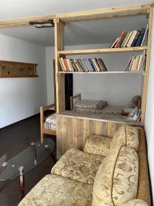 Habitación con sofá y estanterías con libros en Armenian Camp, en Artanish