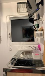 a small kitchen with a sink and a microwave at Tiny-Ferienwohnungen Hellerau in Dresden