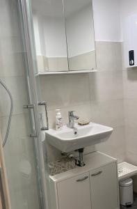 a white bathroom with a sink and a shower at Tiny-Ferienwohnungen Hellerau in Dresden