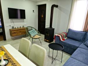 a living room with a blue couch and a stove at Cottage in Racha Mero in Nikortsminda