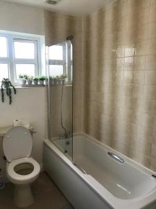 a bathroom with a toilet and a tub with a shower at Accomodation for contractors & professionals 3 bed house with parking in Lighthorne