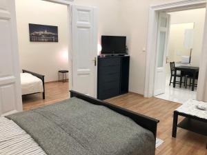 - une chambre avec un lit et une télévision sur une commode dans l'établissement Dohány Central Apartment, à Budapest