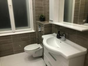 łazienka z białą umywalką i toaletą w obiekcie Dohány Central Apartment w Budapeszcie
