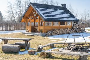 une cabane en rondins avec une aire de jeux et des tables de pique-nique dans l'établissement Chocholowskie Domki, à Chochołów