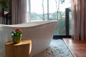 baño con bañera y maceta de flores en un tronco en Green Barn Hotel & Bistro, en Urubici