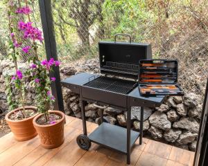 ein Grill auf einer Terrasse mit Pflanzen und Blumen in der Unterkunft Fungi Tepoz Cabins in Tlacotenco