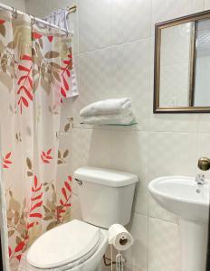 a white bathroom with a toilet and a sink at Residencial Lassonde Guest House in David