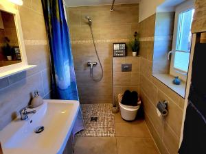a bathroom with a sink and a shower at Ab unters Reet in Born +11 photos