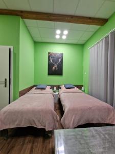 2 camas en una habitación con paredes verdes en Stern Zimmer vermiten, en Hückelhoven