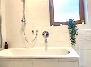a bathroom with a bath tub with a shower at Kurhaus Apartment + parking in Merano +20 photos