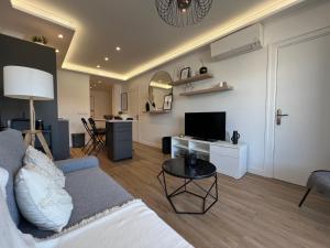 uma sala de estar com um sofá e uma televisão em Cosy 2 bedrooms apartment Croisette em Cannes